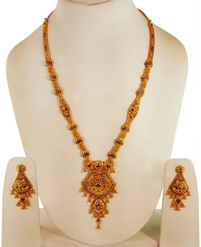 22k Gold Long Necklace Earring Set 